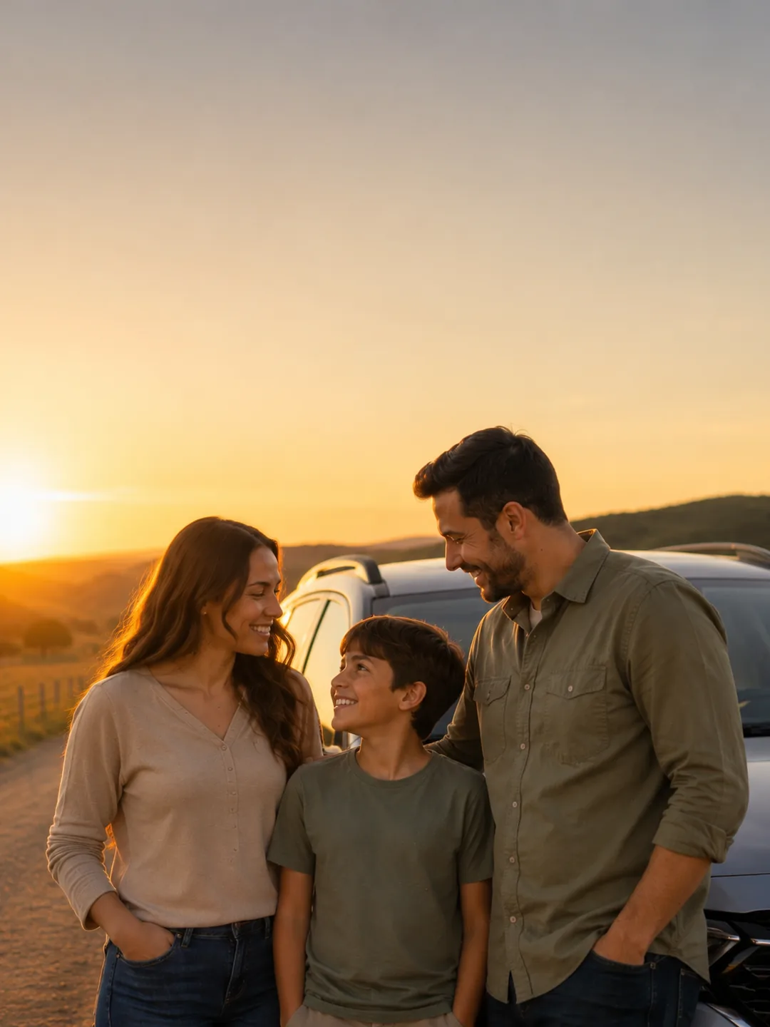 Mãe, pai e filho ao lado do carro, ao fim da tarde